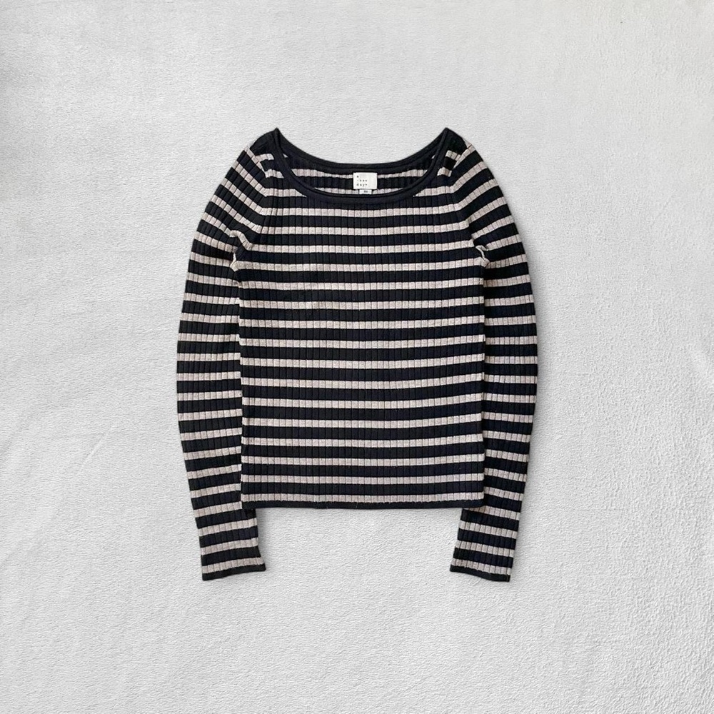 A New Day Black & Taupe Stripe Knit Ribbed Long-Sleeve Top, Women’s XS (0-2)